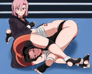 2girls barefoot catfight character_request dougi martial_arts milliani multiple_girls scissorhold tagme wrestling wrestling_ring