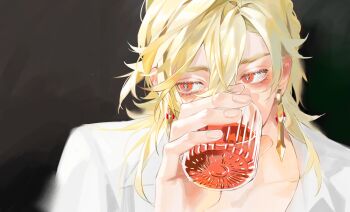 Rule 34 | 1boy, alcohol, arm up, blonde hair, collarbone, cup, double-parted bangs, drinking glass, earrings, eyelashes, genshin impact, hair behind ear, hashtag-only commentary, highres, holding, holding cup, jewelry, kaveh (genshin impact), looking to the side, male focus, medium hair, open clothes, open shirt, piercing, red eyes, ripples335749, scotch whisky, shirt, shot glass, sideways glance, solo, white shirt
