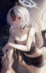 1girl absurdres black_camisole black_choker black_hair black_nails black_shorts black_wings blue_archive breasts camisole choker collarbone commentary_request demon_girl demon_horns demon_wings dolphin_shorts earclip grey_halo halo highres horns interlocked_fingers kayoko_(blue_archive) long_hair looking_at_viewer multicolored_hair nail_polish oiru_(613) parted_lips pov pov_hands red_eyes short_shorts shorts single_wing small_breasts solo_focus strap_slip two-tone_hair white_hair wings