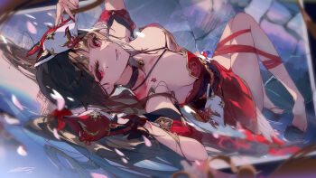 1girl absurdres bare_shoulders black_choker black_hair bound bound_legs breasts choker commentary_request criss-cross_halter detached_sleeves dress facial_mark fox_mask grin halterneck highres honkai:_star_rail honkai_(series) kioroshin looking_at_viewer lying mask mask_on_head medium_breasts on_back parted_lips red_dress red_eyes red_ribbon revision ribbon short_sleeves smile solo sparkle_(honkai:_star_rail) thighs