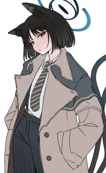 1girl absurdres alternate_costume animal_ears black_eyes black_hair black_necktie blue_archive blue_halo brown_coat cat_ears cat_girl cat_tail closed_mouth coat commentary_request guwall halo highres kikyou_(blue_archive) looking_at_viewer multiple_tails necktie shirt short_hair simple_background solo striped_necktie tail white_background white_shirt