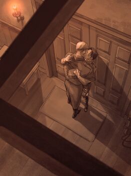 2boys boots closed_eyes collared_shirt commentary_request door erwin_smith from_above highres hug indoors kasagana_i kiss levi_(shingeki_no_kyojin) long_sleeves male_focus multiple_boys pants rafters sconce shingeki_no_kyojin shirt short_hair standing survey_corps_(emblem) table wing_collar yaoi