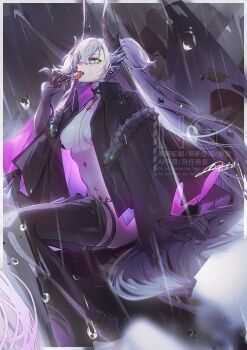 1girl black_cloak black_hands black_panties black_thighhighs body_markings breasts candy choker cloak colored_extremities crossed_bangs demon_girl demon_horns demon_wings ear_piercing fate/grand_order fate_(series) food green_eyes grey_hair hair_between_eyes highres horns lilith_(fate) lilith_(second_ascension)_(fate) lollipop long_hair looking_at_viewer medium_breasts navel no-kan open_mouth panties piercing pointy_ears rain sitting solo stomach_tattoo tattoo thighhighs twintails underwear very_long_hair wings