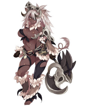 1girl :p animal_ear_fluff animal_ears asymmetrical_clothes asymmetrical_pasties asymmetrical_top asymmetrical_underboob axe barefoot battle_axe belt black_gloves breasts bursting_breasts covered_erect_nipples dark-skinned_female dark_skin deep_skin eyepatch female_focus full_body gloves hair_over_one_eye high_orc_(monster_girl_encyclopedia) highres kenkou_cross large_breasts long_hair looking_at_viewer monster_girl_encyclopedia navel official_art pasties revealing_clothes ribbon ribbon_as_bra sagging_breasts simple_background skindentation skull solo tail thong tongue tongue_out underboob very_dark_skin weapon white_background white_hair yellow_eyes
