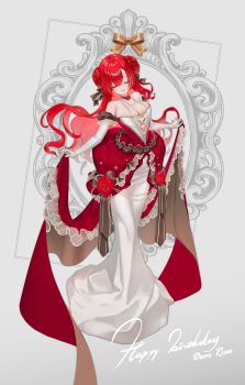 Rule 34 | 1girl, absurdres, black ribbon, blair rose, braid, breasts, bun with braided base, cleavage, closed eyes, closed mouth, commentary, dress, elbow gloves, english commentary, flower, gloves, haechi ya, hair bun, hair ribbon, happy birthday, highres, indie virtual youtuber, jewelry, long hair, necklace, pearl necklace, red flower, red hair, red rose, ribbon, rose, solo, virtual youtuber, white dress, white gloves