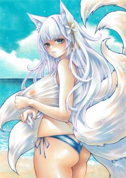 1girl absurdres animal_ear_fluff animal_ears arkin_akinnson ass azur_lane beach bikini bikini_bottom_only blue_bikini blue_eyes blue_sky breasts closed_mouth commentary_request cowboy_shot day eyelashes hair_ornament highres large_breasts long_hair looking_at_viewer looking_to_the_side marker_(medium) nipples no_bra ocean outdoors see-through_clothes see-through_shirt shinano_(azur_lane) shirt side-tie_bikini_bottom sky sleeveless sleeveless_shirt solo standing swimsuit tail traditional_media turning_head white_hair white_shirt