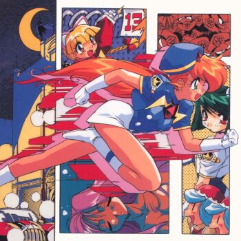 1990s_(style) 4girls animal_ears aqua_eyes arm_up blonde_hair boots braid buttons car casa_(jaja_uma_quartet) cat_ears closed_eyes coco_(jaja_uma_quartet) crescent_moon dark-skinned_female dark_skin double-breasted emblem fake_animal_ears gloves green_hair halftone hat highres jaja_uma_quartet joe_(jaja_uma_quartet) long_hair long_sleeves miniskirt moon motor_vehicle multiple_girls non-web_source official_art open_mouth orange_eyes orange_hair pencil_skirt ponytail purple_hair red_eyes retro_artstyle scan short_sleeves skirt sunday_(jaja_uma_quartet) suzuki_noritaka twin_braids white_gloves white_skirt