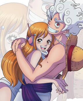 1boy 1girl biceps brown_eyes couple gear_fifth gomu_gomu_no_mi grin hat headgear highres hug leotard long_hair looking_at_viewer ltenie monkey_d._luffy nami_(one_piece) nami_(one_piece)_(egghead) one_piece one_piece:_egghead_arc orange_hair red_eyes scar short_hair smile straw_hat topless_female topless_male white_hair white_leotard