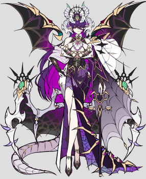 1girl absurdres breasts cane crossed_legs dragon_girl dragon_horns dragon_tail dragon_wings full_body gloves grey_background hand_on_own_hip highres holding holding_cane horns large_breasts long_hair looking_at_viewer original partially_fingerless_gloves pointy_ears purple_hair smile solo tail very_long_hair watson_cross weighing_scale wings yutou_yutou_yu