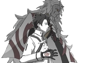 Rule 34 | 2boys, 3755km, absurdres, artist name, black hair, blue eyes, braid, cape, chaldea logo, clothing cutout, command spell, commentary request, facial mark, fate/grand order, fate (series), from side, fujimaru ritsuka (male), glove cutout, grand caster (fate), grimace, hand up, high collar, highres, long hair, long sleeves, looking ahead, low-braided long hair, low-tied long hair, multiple boys, parted lips, short hair, side braid, simple background, solomon (fate), tassel, upper body, very long hair, white background, yellow eyes