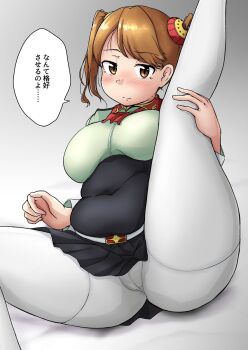 ... 1girl belt black_skirt blush breasts brown_eyes brown_hair closed_mouth commentary_request covered_navel crotch_seam feet_out_of_frame grey_background gundam gundam_build_fighters gundam_build_fighters_try hair_ornament high-waist_skirt highres large_breasts leg_up long_hair long_sleeves looking_at_viewer miniskirt muffin_top pantyhose pleated_skirt plump sazaki_kaoruko shadow shigekikkusu simple_background sitting skirt solo speech_bubble spoken_ellipsis spread_legs talking thick_thighs thighs translation_request twintails white_pantyhose wing_collar