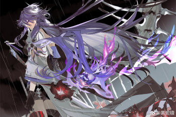 1girl acheron_(honkai:_star_rail) asymmetrical_footwear black_gloves black_shorts bone boots coat coattails detached_sleeves flower gloves highres holding holding_umbrella honkai:_star_rail honkai_(series) long_hair looking_back purple_eyes purple_hair rain red_flower red_umbrella renjian_shilian scabbard sheath sheathed short_shorts shorts single_bare_shoulder skeleton solo sword thigh_boots umbrella watermark weapon weibo_watermark white_coat