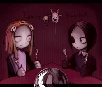 1boy 1girl black_dress black_hair black_shirt blonde_hair blood blood_drip closed_mouth colored_skin dress episode_title fork hair_ornament hands_on_table holding holding_fork holding_spoon kitaya lenore_lynchfast lenore_the_cute_little_dead_girl missing_eye ragamuffin scanlines shirt skull_hair_ornament smile spoon table white_eyes white_skin