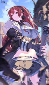 1girl absurdres aged_up ahoge black_hairband black_jacket blue_sky blurry blurry_background blurry_foreground breasts brown_shorts closed_mouth cloud commentary_request cowboy_shot crop_top cropped_shirt crossed_bangs day eris_greyrat fur-trimmed_jacket fur_trim groin hair_between_eyes hairband hand_wraps highres holding holding_sword holding_weapon jacket large_breasts leg_warmers long_hair long_sleeves looking_at_viewer mandarin_collar marbo_(saico556) midriff motion_blur mushoku_tensei navel open_clothes open_jacket outdoors red_eyes red_hair sheath shirt short_shorts shorts sidelocks signature skindentation sky solo standing sword thick_eyebrows unsheathing very_long_hair weapon white_shirt wolf
