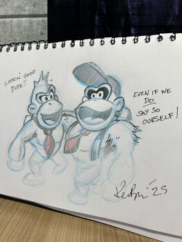 2boys ape backpack bag donkey_kong donkey_kong_(series) donkey_kong_bananza donkey_kong_country gorilla hat highres hug kev_bayliss monkey multiple_boys nintendo sketch sketchbook smile tagme