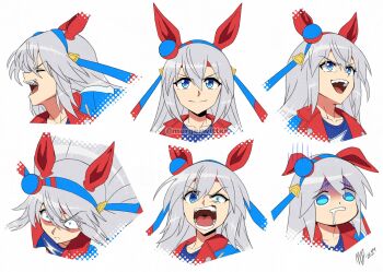 1girl animal_ears blue_eyes blue_hairband blue_jacket blue_sports_bra closed_eyes closed_mouth collarbone cropped_shoulders drooling ear_covers grey_hair hair_between_eyes hairband headband highres horse_ears horse_girl jacket lightning_bolt_print long_hair mergeritter mouth_drool multicolored_hairband multiple_expressions nervous_tama-chan_pose open_mouth red_headband smile sports_bra striped_clothes striped_hairband tamamo_cross_(umamusume) tamamo_cross_(with_lightning_speed)_(umamusume) teeth two-tone_hairband umamusume