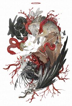 absurdres adversarial_noise animal animal_focus animal_skeleton bird blood bug butterfly fish frog halo highres insect moth nightcrow no_humans original rabbit red_halo shrimp simple_background skeleton snake star_(symbol) vulture white_background wolf