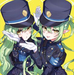 Rule 34 | 2girls, black hat, black jacket, blue archive, blush, closed mouth, gloves, green hair, green halo, hair between eyes, halo, hanozuku, hat, highlander sidelocks conductor (blue archive), highlander twintails conductor (blue archive), highres, jacket, long hair, long sleeves, looking at viewer, multiple girls, parted lips, peaked cap, pointy ears, sidelocks, simple background, smile, tongue, tongue out, twintails, white gloves, yellow background, yellow eyes