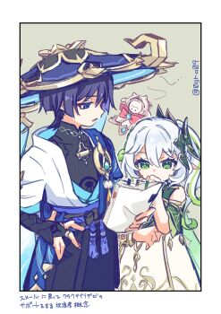 1boy 1girl aranara_(genshin_impact) arm_at_side armlet armor belt black_belt black_bodysuit black_bow black_bridal_gauntlets black_hair black_shorts blue_cape blue_gem blue_hat blue_jingasa blue_kimono blue_sleeves blunt_ends bodysuit border bow bracelet braid bridal_gauntlets cape clenched_hands colored_inner_hair commentary_request covered_collarbone covering_own_mouth cross-shaped_pupils detached_sleeves dress eyelashes eyeliner feathers fingernails gem genshin_impact gold gold_armlet gold_bracelet gold_ring gold_trim green_cape green_eyes green_hair green_sleeves grey_background hair_between_eyes hair_ornament hakama hakama_shorts half_crown_braid hand_on_own_hip hand_over_own_mouth hand_up hat heart heart_hair_ornament height_difference highres ishikoro1645 japanese_armor japanese_clothes jewelry jingasa juban kimono kote kurokote layered_sleeves leaf leaf_hair_ornament long_hair looking_at_another lower_teeth_only makeup mandarin_collar middle_ring multicolored_hair nahida_(genshin_impact) object_request open_clothes open_kimono open_mouth pleated_shorts pointy_ears pom_pom_(clothes) purple_eyes purple_hair purple_rope purple_sash red_eyeliner rope sash scaramouche_(genshin_impact) short_sleeves shorts shoulder_peek side_cape side_ponytail sidelocks sideways_mouth streaked_hair symbol-shaped_pupils tassel teeth translation_request tsurime twitter_username vision_(genshin_impact) wanderer_(genshin_impact) white_border white_dress white_hair white_kimono white_sleeves white_trim yellow_feathers