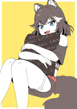 1girl absurdres animal_ear_piercing animal_ears blue_eyes border commentary_request cowboy_shot crossed_bangs dog_ears dog_girl dog_tail double-parted_bangs fingernails grey_hair grey_nails grey_shirt grey_shorts highres hugging_object itsumeee3 kmnz legs looking_at_viewer multicolored_hair nail_polish nero_(kmnz) open_mouth outside_border pillow pillow_hug shirt short_hair short_shorts short_sleeves shorts single_bare_shoulder smile solo streaked_hair tail virtual_youtuber white_border white_streaks yellow_background