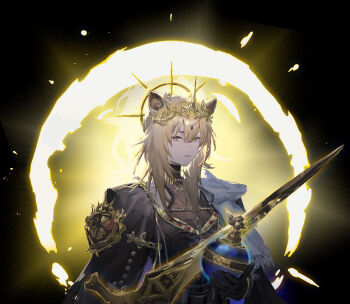 Rule 34 | 1girl, absurdres, animal ear fluff, animal ears, arknights, armor, black cloak, black gloves, black jacket, black skirt, blonde hair, brown shirt, chinese commentary, cloak, closed mouth, commentary request, crown, faulds, gloves, hair between eyes, highres, holding, holding sword, holding weapon, jacket, lion ears, lion girl, long hair, looking at viewer, official alternate costume, ponytail, shirt, siege (arknights), skirt, solo, sword, turtleneck, turtleneck shirt, vina victoria (arknights), weapon, xiaoye eago, yellow eyes