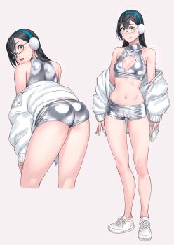 1girl alternate_costume ass bare_shoulders bent_over black_hair blush closed_mouth commentary_request crop_top earmuffs full_body grey_background hairband highres jacket kantai_collection latex_shorts latex_top long_hair long_sleeves looking_at_viewer midriff multiple_views navel off_shoulder ooyodo_(kancolle) open_clothes open_jacket shiny_clothes simple_background smile standing white_background white_jacket yuuji_(and)