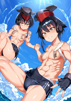 2girls abs black_hair breasts collarbone commission convenient_censoring embarrassed fingerless_gloves gloves headphones highres holding_hands i-13_(kancolle) i-14_(kancolle) kantai_collection looking_at_viewer medium_breasts multiple_girls murata_taichi muscular muscular_female sailor_collar school_swimsuit short_hair single_fingerless_glove skeb_commission small_breasts swimsuit torn_clothes water white_sailor_collar yellow_eyes
