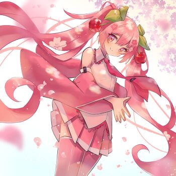 1girl bare_shoulders blush boots breasts cherry_blossoms cherry_hair_ornament collared_shirt commentary detached_sleeves fingernails food-themed_hair_ornament frilled_shirt frilled_shirt_collar frills hair_between_eyes hair_ornament hatsune_miku highres long_hair long_sleeves looking_at_viewer miniskirt nail_polish necktie official_alternate_costume open_mouth pink_boots pink_eyes pink_hair pink_nails pink_necktie pink_skirt pink_sleeves pink_trim pleated_skirt sakura_miku sasanoha_(sasanoha0712) shirt skirt sleeveless sleeveless_shirt sleeves_past_wrists small_breasts smile solo thigh_boots tie_clip twintails very_long_hair vocaloid white_shirt white_trim