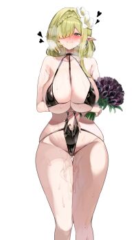 1girl absurdres azur_lane black_one-piece_swimsuit blonde_hair blush bouquet breasts commentary_request commission cosplay de_zeven_provincien_(azur_lane) flower gluteal_fold green_eyes hair_over_one_eye heart highres holding holding_bouquet large_breasts looking_at_viewer medium_hair mogador_(azur_lane) mogador_(azur_lane)_(cosplay) mogador_(locker_room_lechery)_(azur_lane) one-piece_swimsuit pixiv_commission purple_flower pussy_juice simple_background smoke_klll solo standing swimsuit white_background