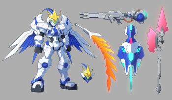 absurdres armor assault_visor biometal breastplate full_armor full_body gauntlets green_visor grey_background gun gundam gundam_wing:_endless_waltz halberd helmet highres mechanical_wings mega_man_(character) mega_man_(series) mega_man_zx polearm robot science_fiction shield shoulder_armor simple_background solo tallgeese_iii ultimatemaverickx weapon white_armor wings