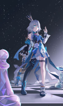 Rule 34 | 1girl, absurdres, blue dress, blue eyes, blue pupils, blue ribbon, cerydra (honkai: star rail), chess piece, chessboard, crown, diamond-shaped pupils, diamond (shape), dress, gostebc, highres, holding, holding scepter, honkai: star rail, honkai (series), long hair, mini crown, pawn (chess), ribbon, rook (chess), scepter, solo, star (sky), symbol-shaped pupils