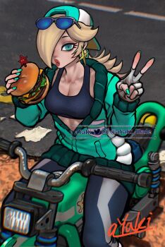 1girl aqua_jacket aqua_nails ayaki_blade backwards_hat black_leggings blonde_hair blue_eyes burger earrings eyewear_on_head film_grain fingerless_gloves food gloves hair_over_one_eye hat highres jacket jewelry leggings long_hair mario_(series) mario_kart mario_kart_world motor_vehicle motorcycle nail_polish nintendo on_motorcycle partially_open_jacket rosalina rosalina_(touring) solo sports_bra star_(symbol) star_earrings sunglasses v white_gloves