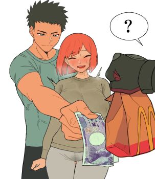 1boy 1girl ? bag banknote black_eyes black_hair blue_shirt blush breasts closed_eyes covered_erect_nipples father_(yoru_mac) gloves highres holding large_breasts long_sleeves mcdonald's mcdonald's_dad money mother_(yoru_mac) open_mouth orange_hair pants paper_bag saliva shirt short_hair short_sleeves simple_background speech_bubble spiked_hair spoken_question_mark sweat vulcan_(ejel2000) white_background yoru_mac