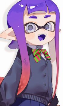 1girl blue_skirt bow bowtie buttons collared_shirt grey_eyes highres inkling inkling_girl inkling_player_character long_hair looking_at_viewer multicolored_hair nintendo open_mouth pink_hair pleated_skirt pointy_ears purple_hair sabata_saba shirt skirt smile solo splatoon_(series) standing striped_bow striped_bowtie striped_clothes sweater teeth tentacle_hair thick_eyebrows two-tone_hair white_background white_shirt