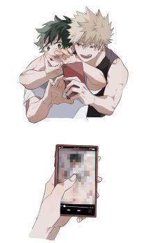 2boys bakudeku bakugou_katsuki blonde_hair blush boku_no_hero_academia cellphone censored embarrassed freckles green_eyes ic_kloud male_focus messy_hair midoriya_izuku multiple_boys phone pixel_art red_eyes scar sex shirt shounen_jump smile spiked_hair tears yaoi