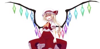 Rule 34 | 1girl, ascot, back bow, blonde hair, bow, center frills, collared shirt, commentary request, cowboy shot, cropped vest, crote, crystal wings, fangs, flandre scarlet, frilled shirt collar, frilled skirt, frilled sleeves, frills, glowing, glowing eyes, hat, hat ribbon, highres, large variant set, layered skirt, long hair, long skirt, looking at viewer, mob cap, open mouth, puffy short sleeves, puffy sleeves, red eyes, red ribbon, red skirt, red vest, ribbon, shaded face, shirt, short sleeves, side ponytail, skirt, sleeve ribbon, slit pupils, solo, tachi-e, teeth, touhou, transparent background, upper teeth only, v-shaped eyebrows, variant set, vest, white bow, white hat, white shirt, wing collar, wings, yellow ascot