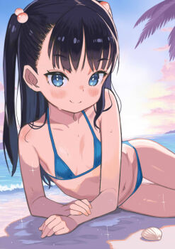 1girl beach bikini black_hair blue_eyes blush bobbles breasts highres long_hair monomono navel ocean original petite small_breasts swimsuit twintails