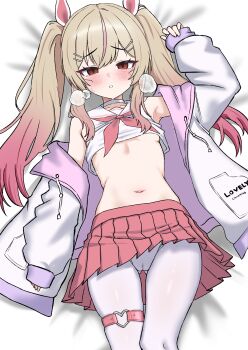 1girl absurdres arm_up armpits bare_shoulders bed_sheet blonde_hair blush breasts cameltoe choker clothes_lift commission gradient_hair heart heart_o-ring highres jacket long_hair long_sleeves looking_at_viewer lying midriff miniskirt multicolored_hair navel neckerchief o-ring off_shoulder oldsickkim on_back open_clothes open_jacket original panties panties_over_pantyhose pantyhose parted_lips pleated_skirt red_eyes red_hair red_neckerchief red_skirt sailor_collar school_uniform second-party_source serafuku shirt shirt_lift skindentation skirt sleeveless sleeveless_shirt small_breasts solo stomach streaked_hair sweat thigh_strap twintails underwear white_choker white_jacket white_panties white_pantyhose white_sailor_collar white_shirt