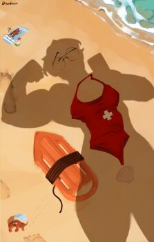 beach biceps bodybuilder broad_shoulders clam clam_shell crab crustacean curvy day flexing glasses highres implied_nudity lifeguard muscular muscular_arms muscular_female narrow_waist norutheze ocean one-piece_swimsuit original outdoors red_one-piece_swimsuit ria_(norutheze) sand scenery shadow silhouette standing surfboard swimsuit taking_picture thick_thighs thighs v-taper wide_hips