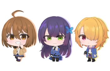 Rule 34 | 3girls, :d, ahoge, arms at sides, assault lily, asymmetrical legwear, belt, belt buckle, black belt, black boots, black pantyhose, black thighhighs, blonde hair, blue jacket, blue leg warmers, blue skirt, blush, book, boots, braid, brown cardigan, brown eyes, brown hair, brown shoes, buckle, butterfly hair ornament, cardigan, chibi, closed mouth, commentary request, crossed arms, drop shadow, epaulettes, full body, funada kiito, green eyes, grin, hair between eyes, hair ornament, hair over one eye, hand on own hip, hand up, hands up, headphones, headphones around neck, holding, holding book, hood, hooded jacket, jacket, jewelry, kawamura yuzuriha, kifuji suzu, leg warmers, long hair, long sleeves, looking at viewer, mole, mole under eye, multiple girls, necklace, odaiba girls high school uniform, one eye covered, open cardigan, open clothes, open jacket, open mouth, pantyhose, partially unbuttoned, pink eyes, purple skirt, school uniform, shirt, shoes, short hair, side braid, simple background, single braid, skirt, smile, sweatdrop, thighhighs, umi (s5r1umi 1399), uneven legwear, very long hair, waist cape, white background, white shirt