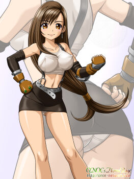 1990s_(style) 1girl ass bad_id bad_pixiv_id breasts brown_eyes brown_hair clenched_hand clenched_hands covered_erect_nipples earrings elbow_gloves female_focus final_fantasy final_fantasy_vii fingerless_gloves floating_earrings gloves hand_on_own_hip jewelry large_breasts long_hair low-tied_long_hair midriff miniskirt navel onoe panties pantyshot pencil_skirt retro_artstyle shirt skirt smile solo suspender_skirt suspenders taut_clothes taut_shirt tifa_lockhart underwear upskirt white_panties