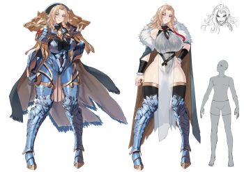 absurdres adeptus_astartes armor bare_shoulders blonde_hair blue_eyes breasts coat commentary fur-trimmed_coat fur_trim genderswap genderswap_(mtf) highres large_breasts leman_russ narrow_waist power_armor primarch space_wolves tall_female thighhighs torahime_(roland00) warhammer_40k