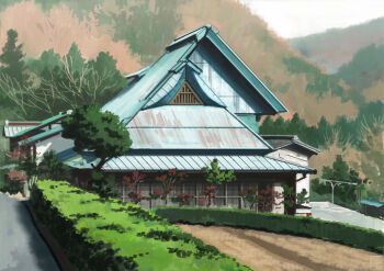 building forest garden hedge house mountain mountainous_horizon nature no_humans original path road rural sapling scenery shed tree window yk_funa