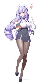 1girl :d absurdres alternate_costume black_pantyhose black_shoes black_skirt blush bra_visible_through_clothes breasts character_doll commentary_request doll drill_hair drill_sidelocks eous_(zenless_zone_zero) full_body hand_up hat heart high-waist_skirt high_heels highres large_breasts looking_at_viewer open_mouth pantyhose pink_hair red_eyes shirt shoes sidelocks simple_background skirt smile solo taiyaki12 twin_drills vivian_banshee white_background white_hat white_shirt wise_(zenless_zone_zero) zenless_zone_zero