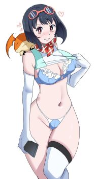 1girl black_hair blue_bra blue_panties bra breasts cowboy_shot digimon digimon_(creature) digimon_story:_time_stranger goggles goggles_on_head highres holding holding_phone medium_breasts pabsmikan panties patamon phone short_hair simple_background single_thighhigh solo_focus thighhighs underwear white_background white_thighhighs yuuki_kanan