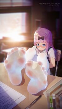 1girl 3: absurdres black_bow blue_eyes blunt_bangs blurry blurry_background blurry_foreground blush book bow chair closed_mouth commentary_request depth_of_field dirty dirty_feet dirty_soles english_text feet feet_on_table fine_fabric_emphasis foot_focus foreshortening fujiwara_chika hair_bow highres icecake indoors kaguya-sama_wa_kokurasetai_~tensai-tachi_no_renai_zunousen~ long_hair looking_at_viewer no_shoes pantyhose paper pen photoshop_(medium) pink_hair school_chair school_uniform short_sleeves shuuchiin_academy_school_uniform sitting soles solo spread_toes toe_seam toes white_pantyhose