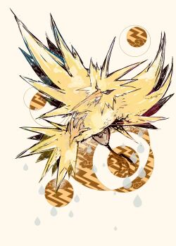 animal_focus beak bird black_sclera bwmtk1110 colored_sclera feathers flying full_body gen_1_pokemon highres legendary_pokemon looking_at_viewer nintendo no_humans open_mouth pokemon pokemon_(creature) simple_background white_eyes wings yellow_background yellow_feathers zapdos