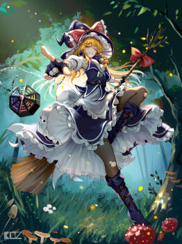 1girl absurdres apron belt black_pantyhose blonde_hair blue_boots blue_gloves blue_hat blue_skirt blue_vest boots bow braid breasts broom broom_ribbon brown_belt commentary edz_drawz english_commentary fingerless_gloves forest frilled_bow frilled_hat frilled_skirt frills full_body gloves grin hair_ribbon hat hat_bow high_heel_boots high_heels highres holding holding_broom kirisame_marisa leg_up long_hair medium_breasts mini-hakkero mushroom nature one_eye_closed pantyhose parted_lips red_bow red_ribbon revision ribbon shirt signature single_braid skirt skirt_set smile solo standing standing_on_one_leg three-quarter_sleeves torn_clothes torn_pantyhose touhou vest waist_apron white_apron white_shirt witch_hat yellow_eyes