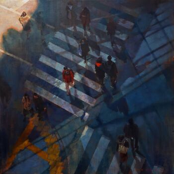 backpack bag commentary_request day from_above highres kazuho_iwamoto oil_painting_(medium) original painting_(medium) people road scenery shadow sidewalk street sunlight traditional_media