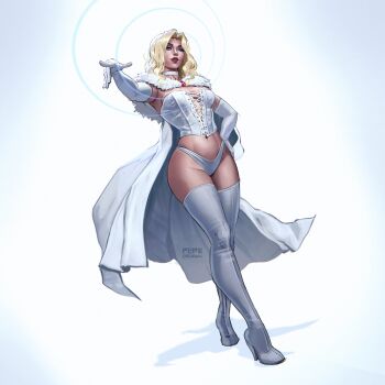 Rule 34 | 1girl, artist name, blonde hair, blue eyes, blue eyeshadow, bodice, boots, breasts, cape, cleavage, commentary, elbow gloves, emma frost, english commentary, eyeshadow, full body, fur trim, gem, gloves, hand on own hip, highres, large breasts, looking at viewer, makeup, marvel, medium hair, navel, panties, parted lips, pepedraws, pink gemstone, red lips, solo, thigh boots, underwear, white background, white bodice, white boots, white cape, white gloves, white panties, x-men